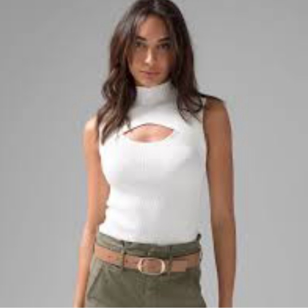 NWT White House Black Market White Ribbed Mock Neck Tank with Keyhole Cutout